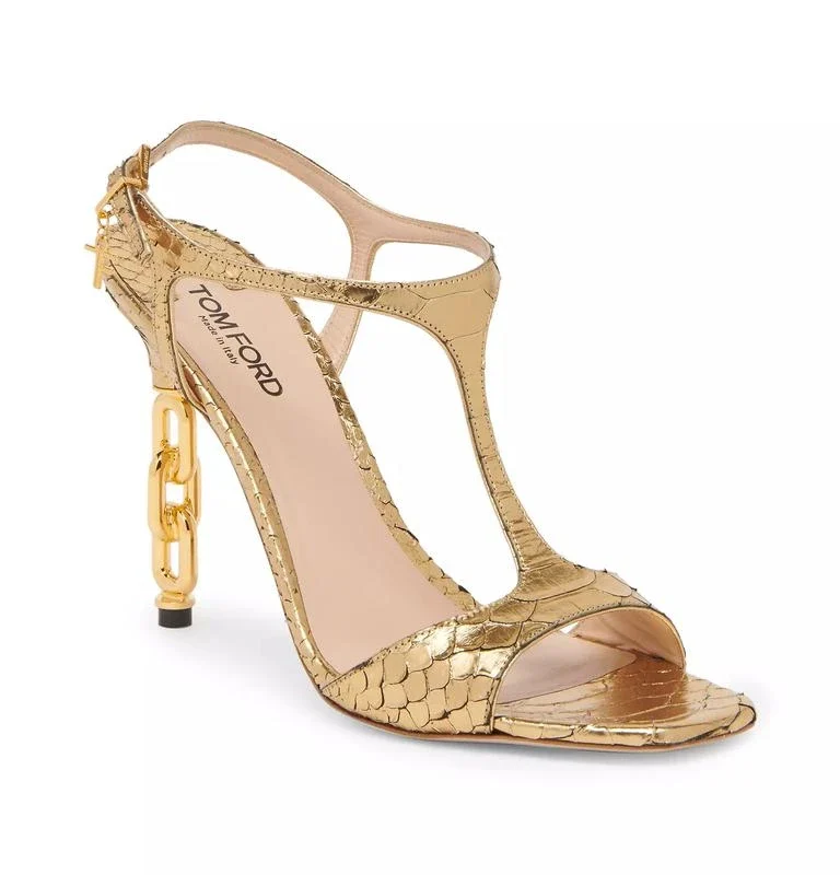 Tom Ford Galaxy 105MM Leather & Chain-Link Sandals DARK GOLD