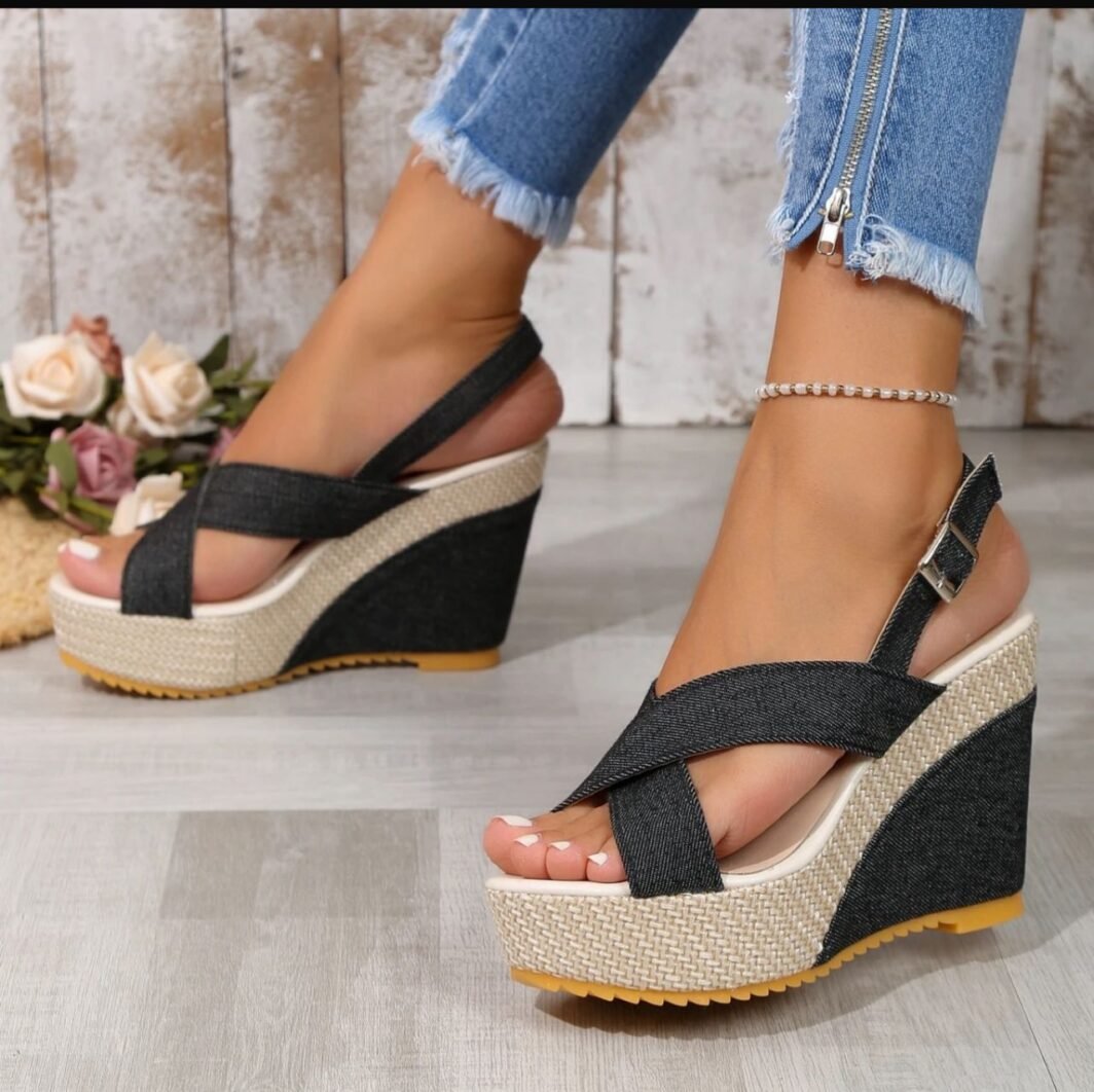 Denim-Accent Summer Wedge Sandals