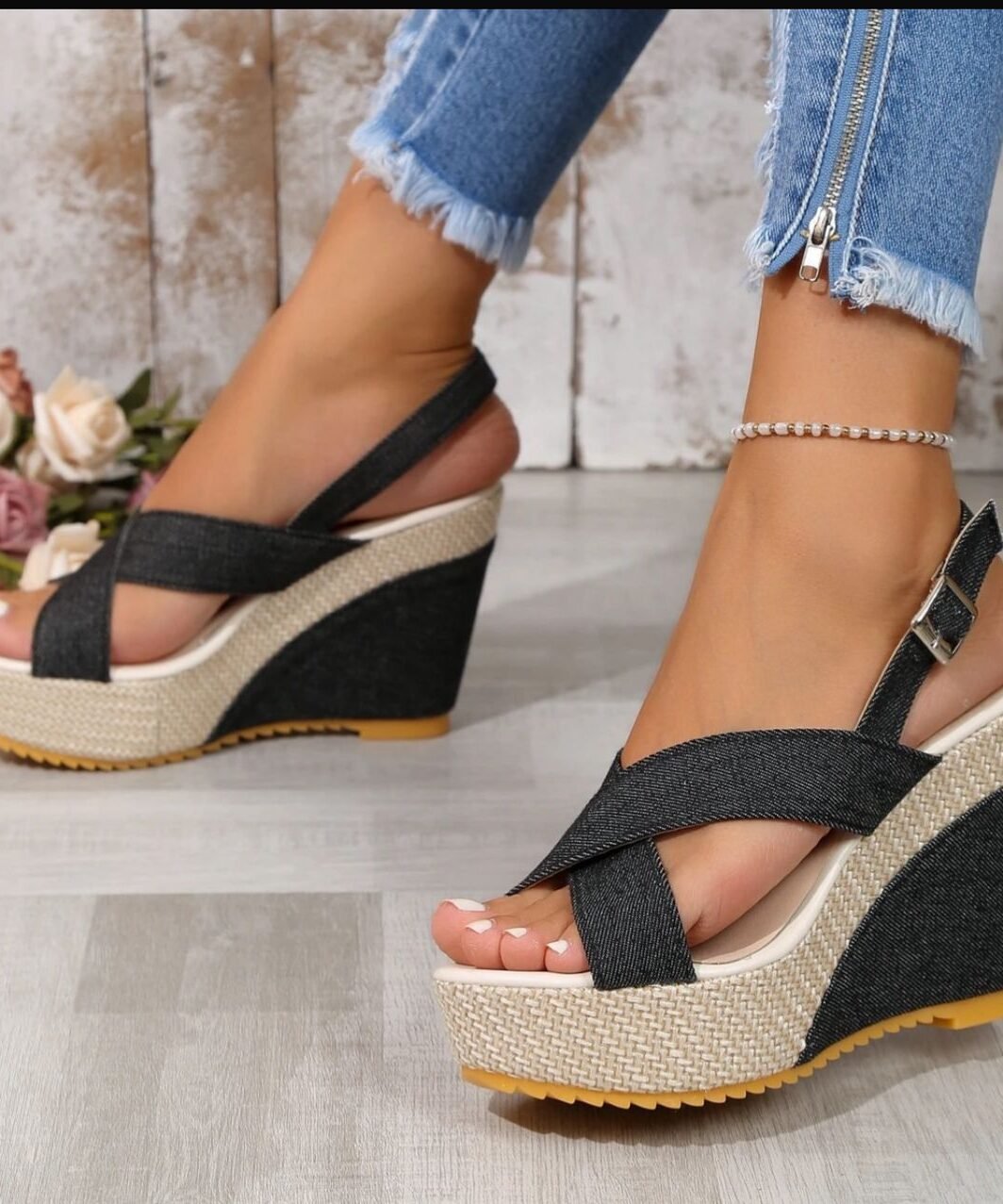 Denim-Accent Summer Wedge Sandals
