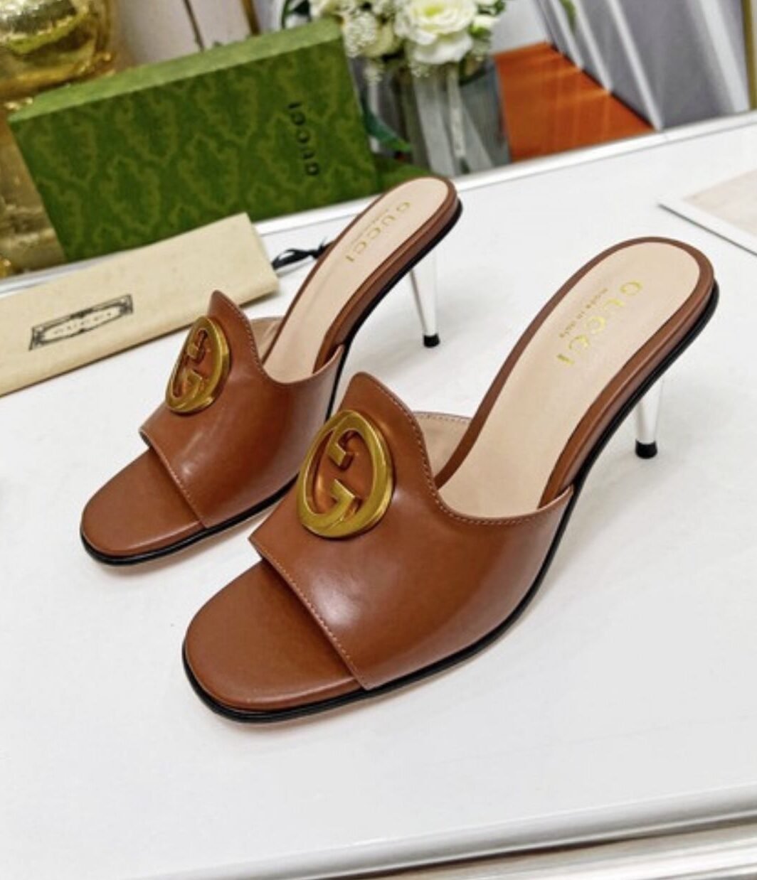 Gucci Brown Leather Logo Mules